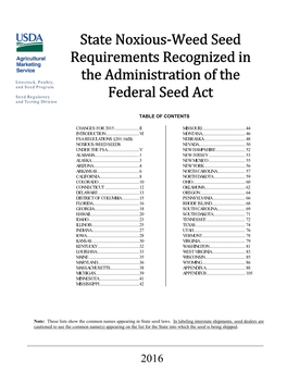 State Noxious-Weed Seed Requirements Recognized in the Administration of the Federal Seed Act