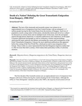 Debating the Great Transatlantic Emigration from Hungary, 1900-1914.” Hungarian Cultural Studies