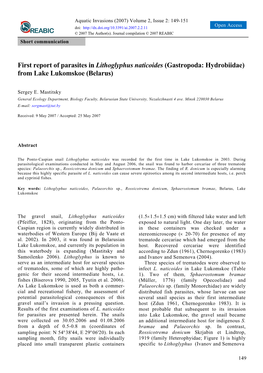 First Report of Parasites in Lithoglyphus Naticoides (Gastropoda: Hydrobiidae) from Lake Lukomskoe (Belarus)