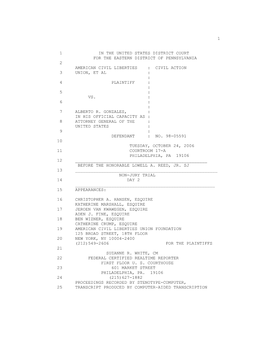 1 in the United States District Court for the Eastern District of Pennsylvania 2 American Civil Liberties : Civil Action 3 Union, Et Al : : 4 Plaintiff : : 5 : Vs