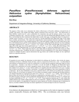 Passiflora (Passifloraceae) Defenses Against Heliconius Cydno (Nymphalidae: Heliconiinae) Oviposition