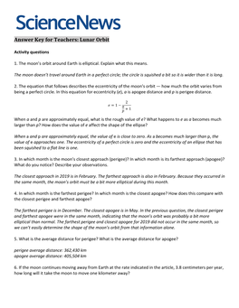 Answer Key for Teachers: Lunar Orbit