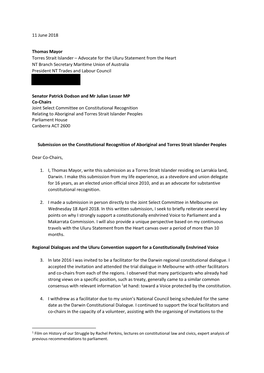 11 June 2018 Thomas Mayor Torres Strait Islander