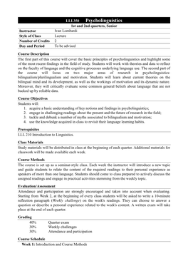 Psycholinguistics 1St and 2Nd Quarters, Senior Instructor Ivan Lombardi Style of Class Lecture Number of Credits 2 Day and Period to Be Advised