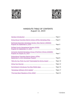 HANDOUTS TABLE of CONTENTS August 12, 2014