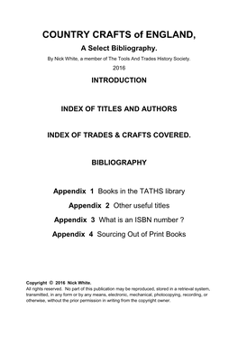 COUNTRY CRAFTS of ENGLAND, a Select Bibliography