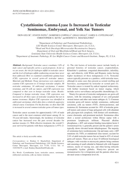 Cystathionine Gamma-Lyase Is Increased in Testicular Seminomas