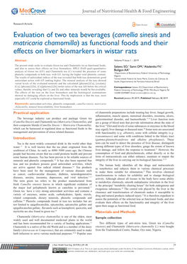 Evaluation of Two Tea Beverages (Camellia Sinesis and Matricaria Chamomilla) As Functional Foods and Their Effects on Liver Biomarkers in Wistar Rats