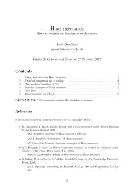 Haar Measures Student Seminar on Homogeneous Dynamics