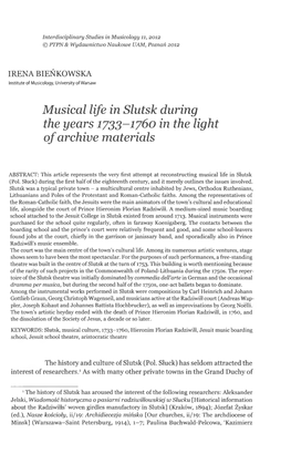 Musical Life in Slutsk During the Years 1733-1760 in the Light of Archive Materials