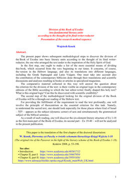 Division of the Book of Exodus Into Fundamental Literary Units According to the Thought of Its Final Writer-Redactor Presentation of the Research Method Sequence