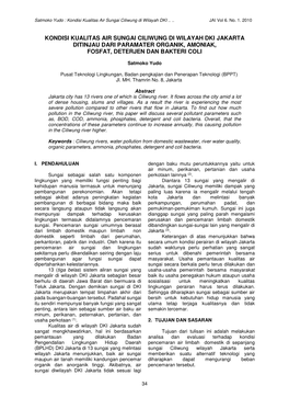 Kondisi Kualitas Air Sungai Ciliwung Di Wilayah Dki Jakarta Ditinjau Dari Paramater Organik, Amoniak, Fosfat, Deterjen Dan Bakteri Coli
