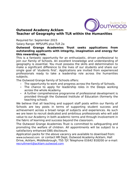 Outwood Academy Acklam Teacher of Geography with TLR Within the Humanities