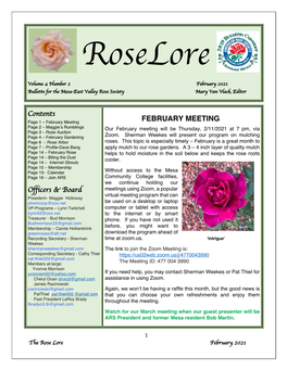 February 2021 Bulletin for the Mesa-East Valley Rose Society Mary Van Vlack, Editor