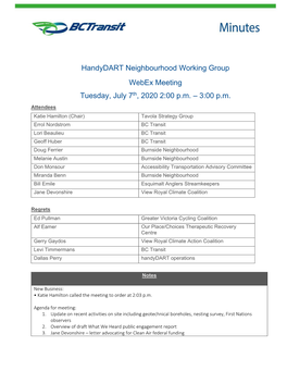 Handydart Neighbourhood Working Group Webex Meeting Tuesday, July 7Th, 2020 2:00 Pm