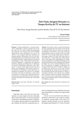 Tele-Visão, Imagem-Duração E O Tempo Reality De TV Na Internet