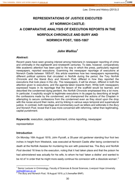 Representations of Justice Executed at Norwich Castle: a Comparative Analysis of Execution Reports in the Norfolk Chronicle and Bury and Norwich Post, 1805-1867