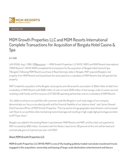 MGM Growth Properties LLC and MGM Resorts International Complete Transactions for Acquisition of Borgata Hotel Casino & Spa