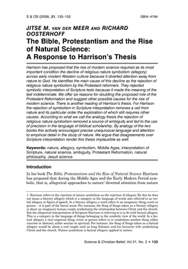 The Bible, Protestantism and the Rise of Natural Science: a Response to Harrison’S Thesis