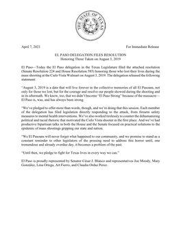 April 7, 2021 for Immediate Release EL PASO DELEGATION FILES