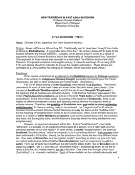 NEW TRADITIONS in EAST ASIAN BUDDHISM Professor Russell Kirkland Department of Religion University of Georgia