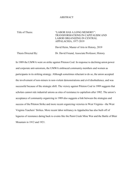 Labor Has a Long Memory”: Transformations in Capitalism and Labor Organizing in Central Appalachia, 1977-2019