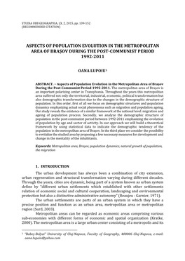 Aspects of Population Evolution in the Metropolitan Area of Brașov During the Post-Communist Period 1992-2011