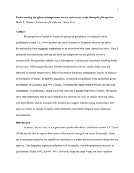 Understanding the Effects of Temperature on Sex Ratio in a Sexually Dimorphic Fish Species Devin L