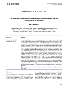 Epidemiology of Hymenolepis Nana Infection Among Children in Rural Yemen