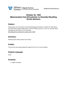 October 22, 1956 Memorandum from Khrushchev to Gomulka Recalling Soviet Advisors