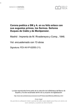 Corona Poética a SM Y A. En Su Feliz Enlace Con Sus Augustos Primos, Los Sermos. Señores Duques De Cádiz Y De Montpensier. Ma