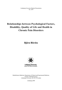 Relationships Between Psychological Factors, Disability, Quality of Life and Health in Chronic Pain Disorders