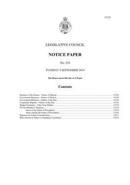 Notice Paper No. 210—Tuesday 9 September 2014