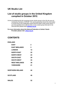 UK Studio List List of Studio Groups in the United Kingdom Complied In