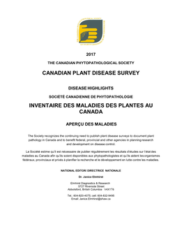 Canadian Plant Disease Survey Inventaire Des Maladies Des Plantes Au Canada