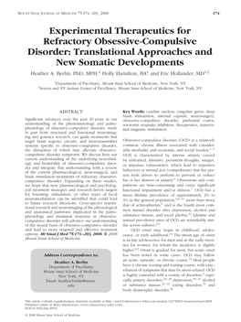 Experimental Therapeutics for Refractory Obsessive-Compulsive Disorder: Translational Approaches and New Somatic Developments Heather A