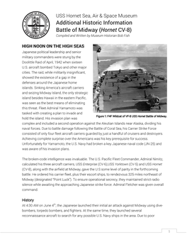 Additional Historic Information Battle of Midway (Hornet CV-8) Compiled and Written by Museum Historian Bob Fish