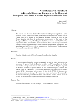 Count Ericeira's Letter of 1741 a Recently Discovered Document on the History of Portuguese India in the Moravian Regional