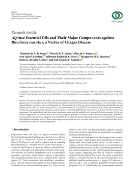 Research Article Alpinia Essential Oils and Their Major Components Against Rhodnius Nasutus, a Vector of Chagas Disease