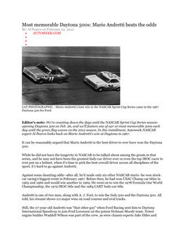 Most Memorable Daytona 500S: Mario Andretti Beats the Odds By: Al Pearce on February 22, 2012 • AUTOWEEK.COM • • •