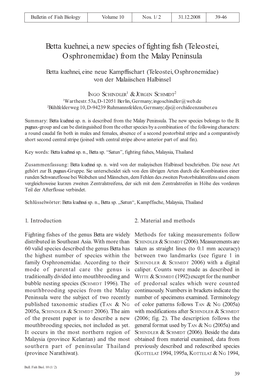 Betta Kuehnei, a New Species of Fighting Fish (Teleostei, Osphronemidae) from the Malay Peninsula