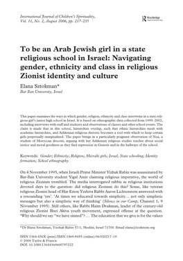 Navigating Gender, Ethnicity and Class in Religious Zionist Identity and Culture Elana Sztokman* Bar Ilan University, Israel