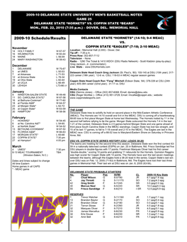2009-10 Schedule/Results DELAWARE STATE “HORNETS” (14-10; 9-4 MEAC) VS