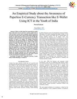 An Empirical Study About the Awareness of Paperless E-Currency Transaction Like E-Wallet Using ICT in the Youth of India