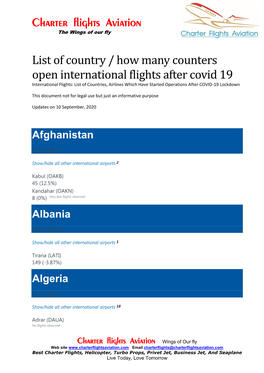 Charter Flights Aviation List of Country / How Many Counters Open International Flights After Covid 19