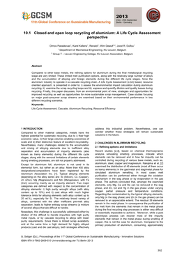 10.1 Closed and Open Loop Recycling of Aluminium: a Life Cycle Assessment Perspective