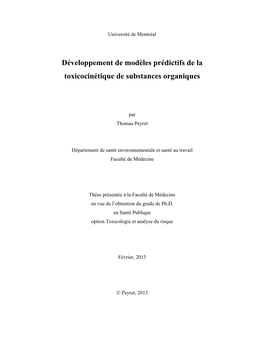 Développement De Modèles Prédictifs De La Toxicocinétique De Substances Organiques