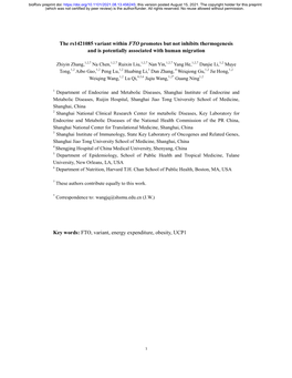The Rs1421085 Variant Within FTO Promotes but Not Inhibits Thermogenesis and Is Potentially Associated with Human Migration