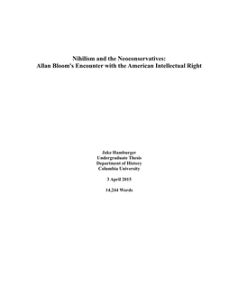 Nihilism and the Neoconservatives: Allan Bloom's Encounter with the American Intellectual Right