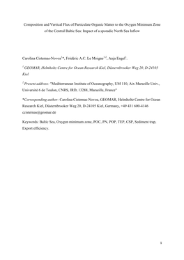 Composition and Vertical Flux of Particulate Organic Matter to the Oxygen Minimum Zone of the Central Baltic Sea: Impact of a Sporadic North Sea Inflow